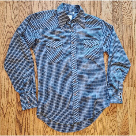 Wrangler Plaid Shirt Permanent Press Long Sleeve Tails Pearl Snap USA Large - Picture 1 of 11
